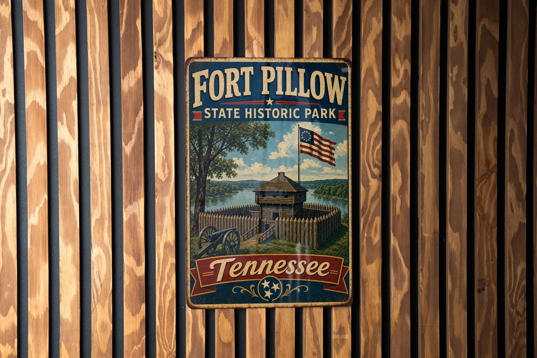 A vintage-style metal sign for Fort Pillow State Historic Park in Tennessee, featuring an illustration of a fort and an American flag.
