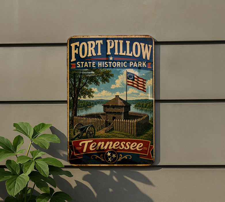 A vintage-style sign for Fort Pillow State Historic Park in Tennessee, featuring an illustration of a fort and an American flag.