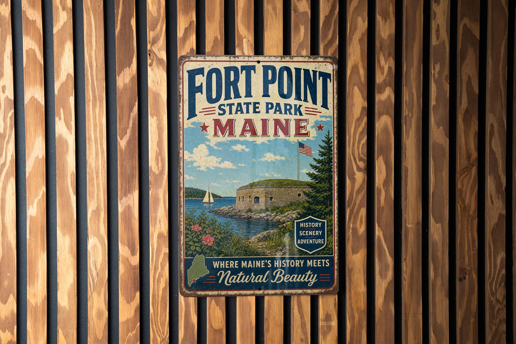 A vintage metal sign for Fort Point State Park in Maine, featuring a scenic illustration of the park and its surroundings.