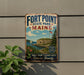 A vintage metal sign for Fort Point State Park, Maine, featuring a scenic illustration of the fort and surrounding landscape.