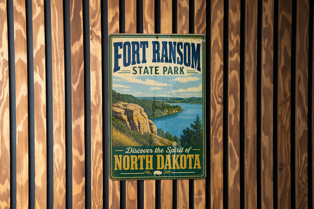A vintage-style metal sign for Fort Ransom State Park, featuring a scenic landscape with a river and mountains.