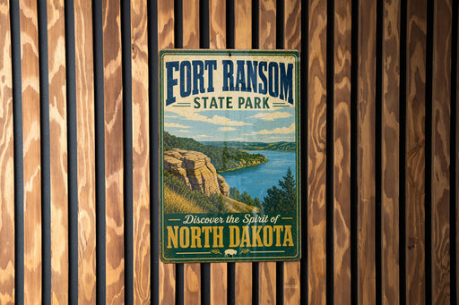 A vintage-style metal sign for Fort Ransom State Park, featuring a scenic landscape with a river and mountains.
