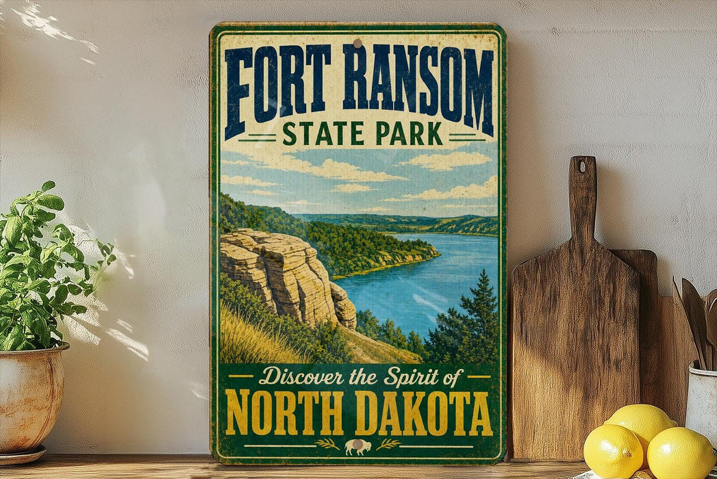 A vintage-style sign for Fort Ransom State Park, featuring a scenic landscape with a river and mountains, is displayed on a wooden shelf next to a wooden cutting board and some lemons.