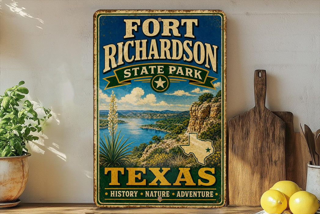 A vintage-style sign for Fort Richardson State Park in Texas, featuring a scenic landscape with a river, mountains, and a desert.