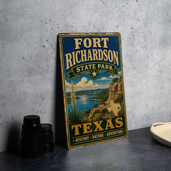 A vintage-style metal sign for Fort Richardson State Park in Texas, featuring a scenic landscape with a desert cliff and a body of water.