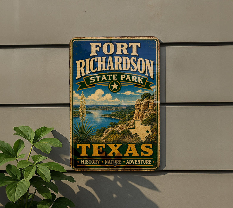 A vintage-style metal sign for Fort Richardson State Park in Texas, featuring a scenic landscape with mountains, a river, and a desert.