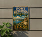 A vintage-style metal sign for Fort Richardson State Park in Texas, featuring a scenic landscape with mountains, a river, and a desert.
