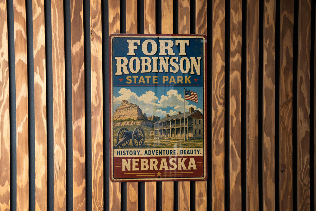 A vintage-style metal sign for Fort Robinson State Park in Nebraska, featuring an illustration of a historic building and a horse-drawn carriage.