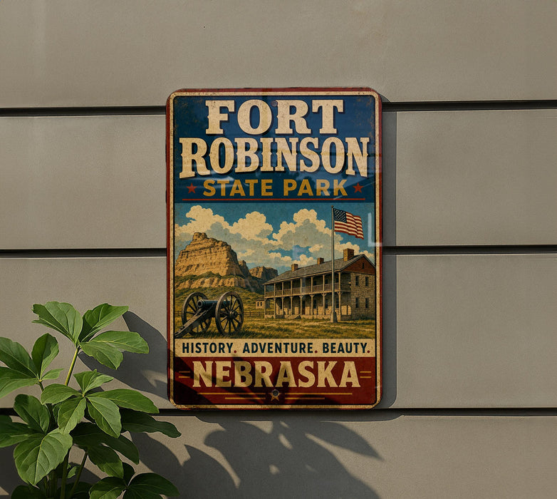 A vintage-style metal sign for Fort Robinson State Park in Nebraska, featuring a historical image of a building and a cannon.