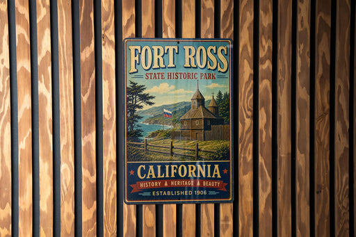 A vintage-style metal sign for Fort Ross State Historic Park in California, featuring a scenic illustration of a historic building and landscape.