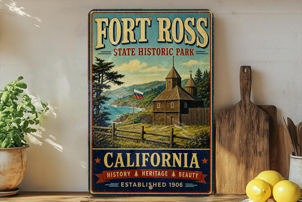 A vintage-style metal sign for Fort Ross State Historic Park in California, featuring a scenic image of a historic building and landscape.