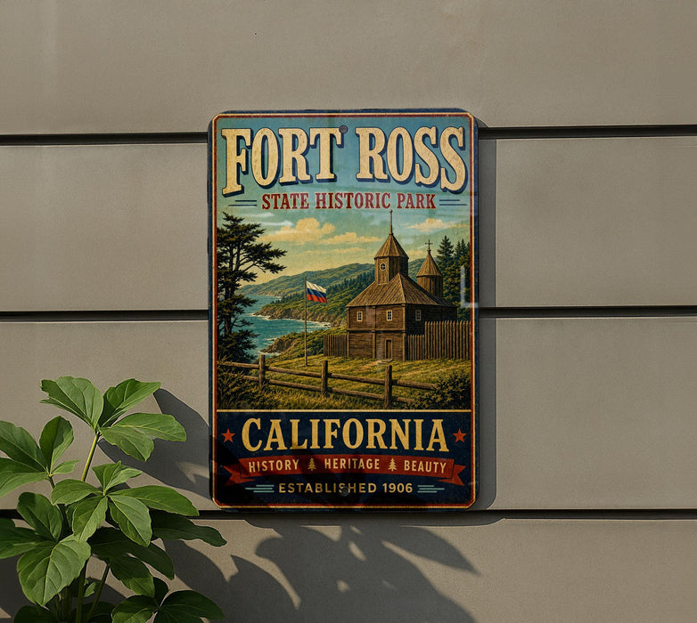 A vintage-style metal sign for Fort Ross, a historic park in California, featuring a scenic illustration of a building and landscape.