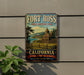 A vintage-style metal sign for Fort Ross, a historic park in California, featuring a scenic illustration of a building and landscape.