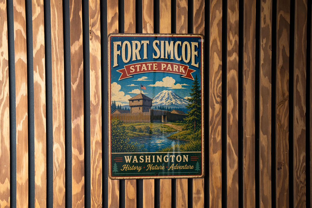 A vintage-style metal sign for Fort Simcoe State Park in Washington, featuring a scenic landscape with a mountain and a river.
