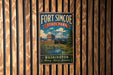A vintage-style metal sign for Fort Simcoe State Park in Washington, featuring a scenic landscape with a mountain and a river.