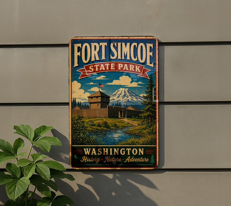 A vintage-style metal sign for Fort Simcoe State Park in Washington, featuring a scenic landscape with a mountain, a river, and a castle-like structure.