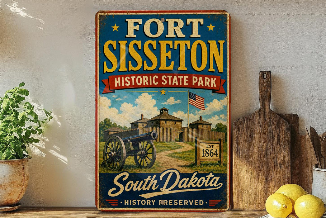 A vintage-style sign for Fort Sisset, Historic State Park, featuring an illustration of a cannon and a building, with the text "Fort Sisset" and "South Dakota" prominently displayed.