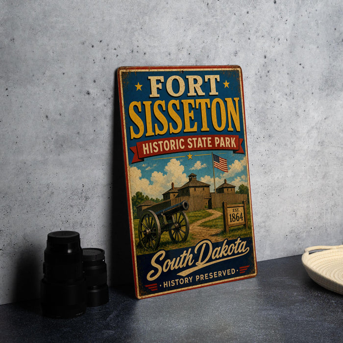 A vintage-style sign for Fort Sisset, Historic State Park in South Dakota, featuring an illustration of a cannon and a building.