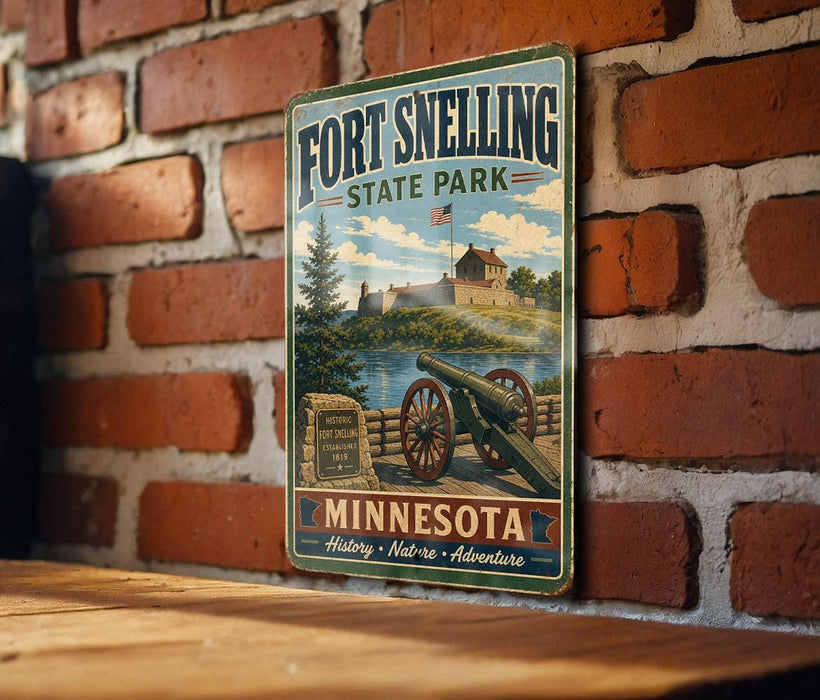 A vintage metal sign for Fort Snelling State Park in Minnesota, featuring a cannon and a scenic landscape.