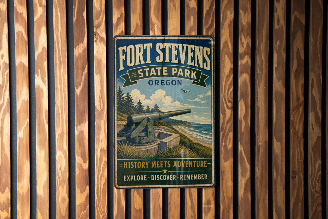 A vintage-style metal sign for Fort Stevens State Park in Oregon, featuring a cannon and a scenic landscape.