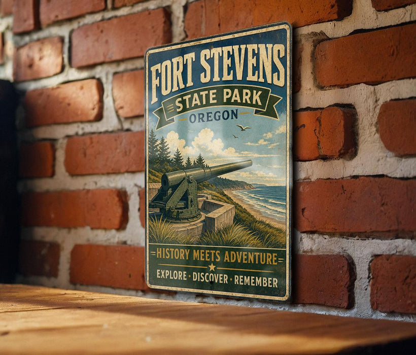 A vintage-style metal sign for Fort Stevens State Park in Oregon, featuring a cannon and a scenic landscape.