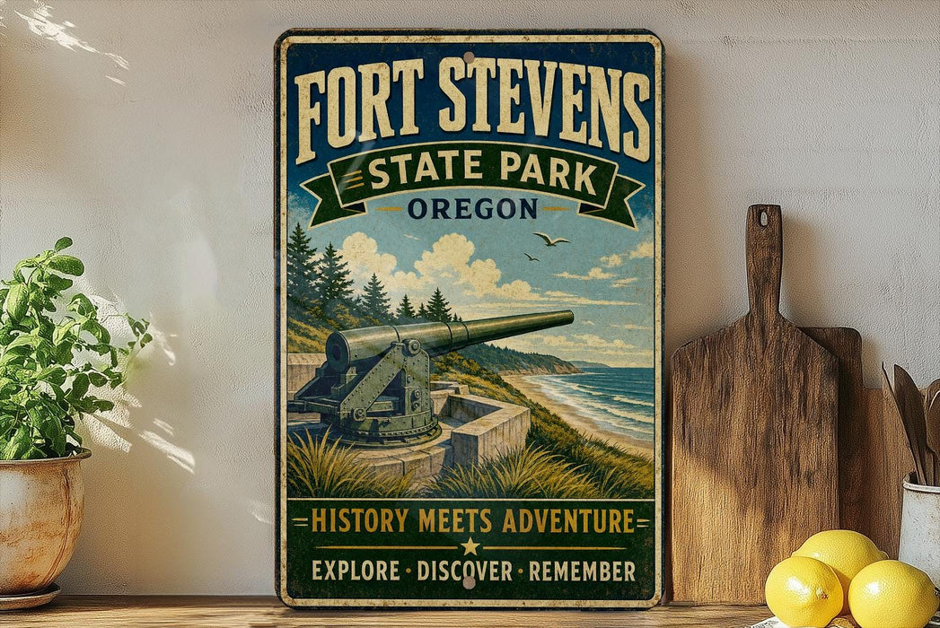 A vintage-style sign for Fort Stevens State Park in Oregon, featuring a cannon and a scenic landscape, is displayed on a shelf next to a wooden cutting board and some lemons.