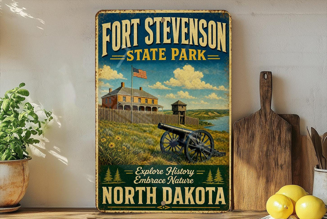 A vintage-style sign for Fort Stevenson State Park in North Dakota, featuring a cannon and a house in the background.