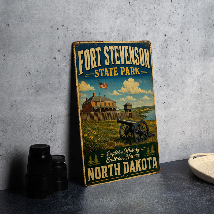 A vintage-style metal sign for Fort Stevenson State Park, featuring an illustration of a cannon and a building, with the text "Fort Stevenson State Park" and "Explore History Embrace Nature North Dakota" on it.