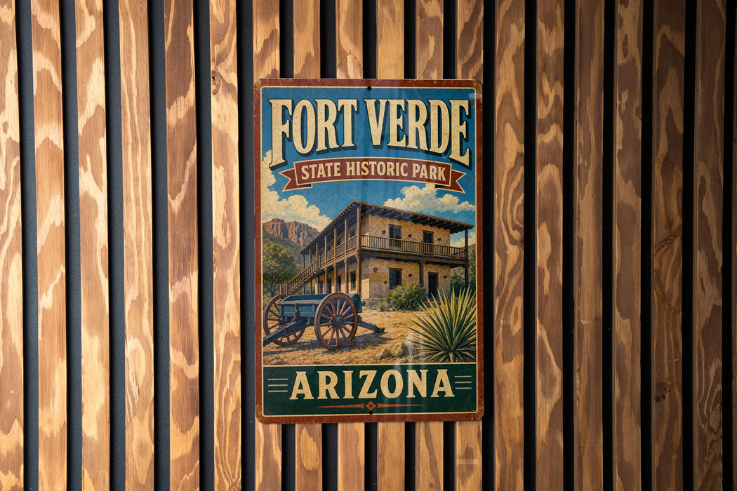 A vintage-style metal sign for Fort Verde State Historic Park in Arizona, featuring a building and a wagon wheel, mounted on a wooden fence.