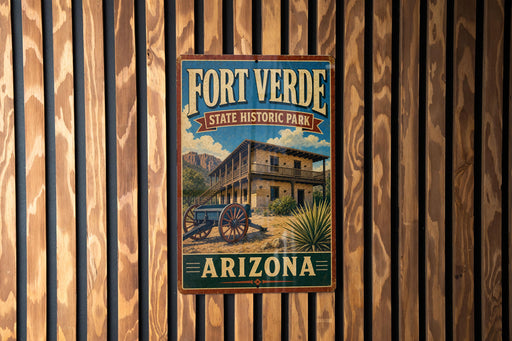 A vintage-style metal sign for Fort Verde State Historic Park in Arizona, featuring a building and a wagon wheel, mounted on a wooden fence.