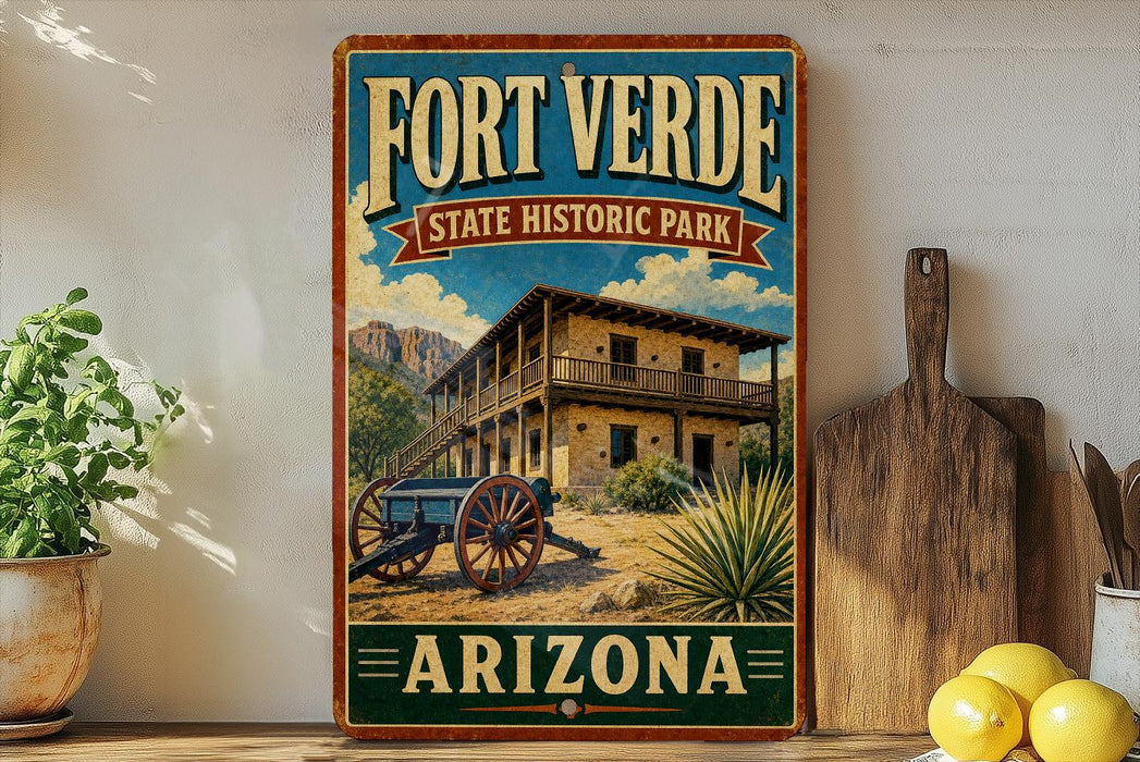 A vintage-style sign for Fort Verde State Historic Park in Arizona, featuring a wooden cabin and desert landscape.