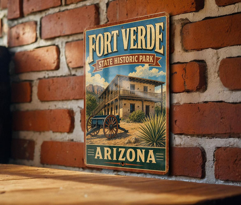 A vintage-style sign for Fort Verde State Historic Park in Arizona, featuring an illustration of a building and a wagon in a desert landscape.