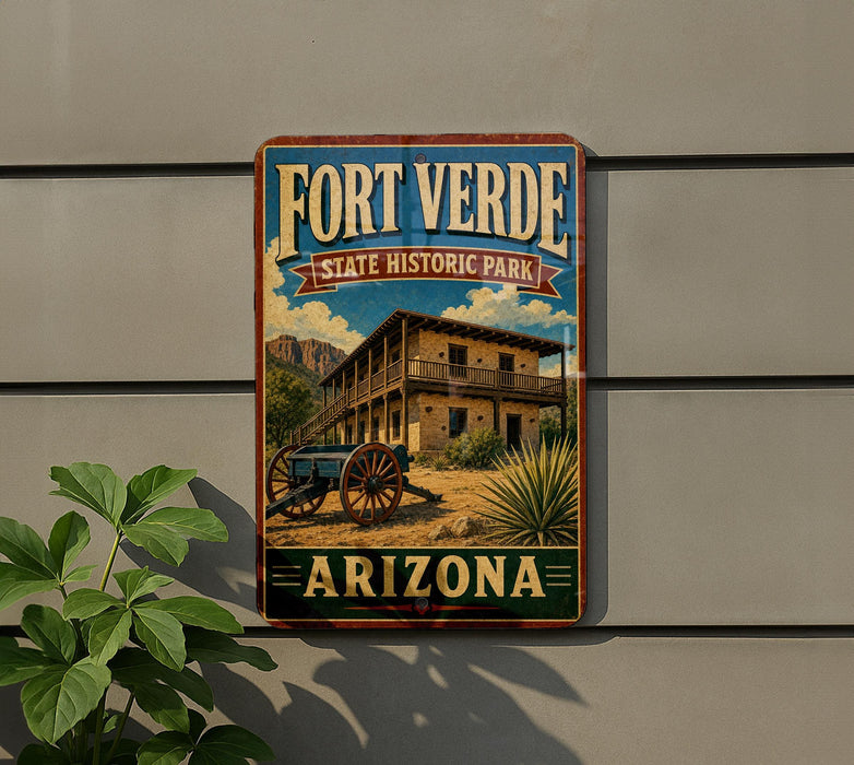 A vintage-style sign for Fort Verde State Historic Park in Arizona, featuring a building and a wagon in a desert landscape.