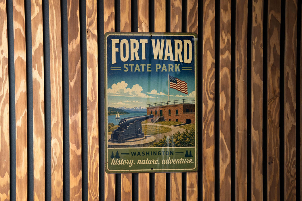 A vintage-style metal sign for Fort William State Park, featuring an illustration of the fort and surrounding landscape, mounted on a wooden wall.