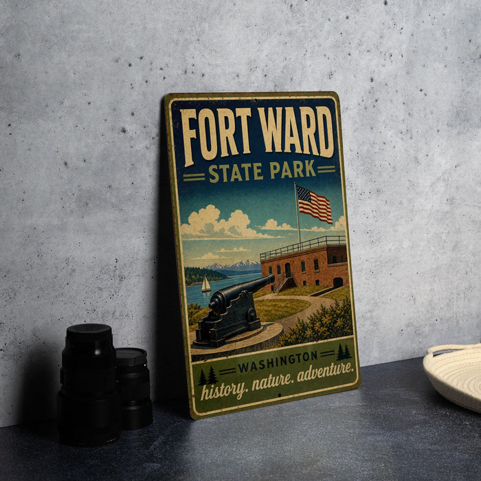 A vintage-style metal sign for Fort William State Park in Washington, featuring an illustration of the fort and surrounding landscape.