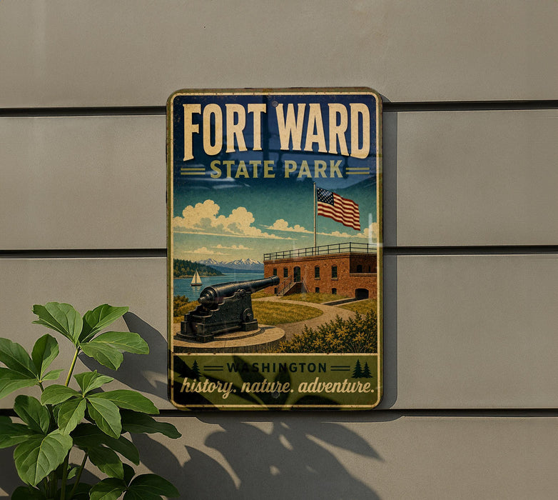 A vintage-style metal sign for Fort Washington State Park, featuring an illustration of a cannon and a building, with an American flag flying in the background.