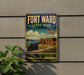 A vintage-style metal sign for Fort Washington State Park, featuring an illustration of a cannon and a building, with an American flag flying in the background.