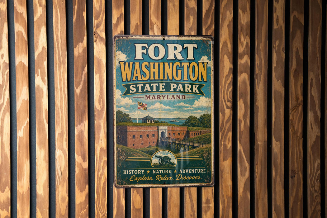 A vintage metal sign for Fort Washington State Park in Maryland, featuring an illustration of the fort and surrounding landscape.