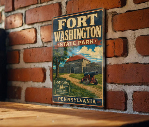 A vintage-style metal sign for Fort Washington State Park in Pennsylvania, featuring a castle and a cannon, mounted on a brick wall.
