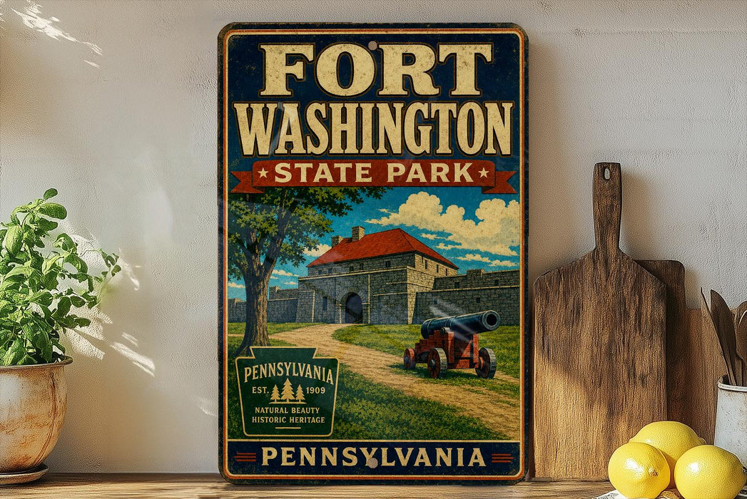 A vintage-style sign for Fort Washington State Park in Pennsylvania, featuring a castle, trees, and a cannon, with the text "Fort Washington State Park" and "Pennsylvania" prominently displayed.