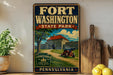 A vintage-style sign for Fort Washington State Park in Pennsylvania, featuring a castle, trees, and a cannon, with the text "Fort Washington State Park" and "Pennsylvania" prominently displayed.