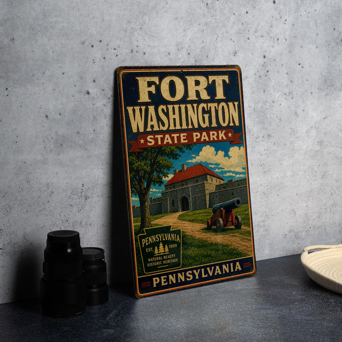 A vintage-style metal sign for Fort Washington State Park in Pennsylvania, featuring an illustration of a cannon and a castle.