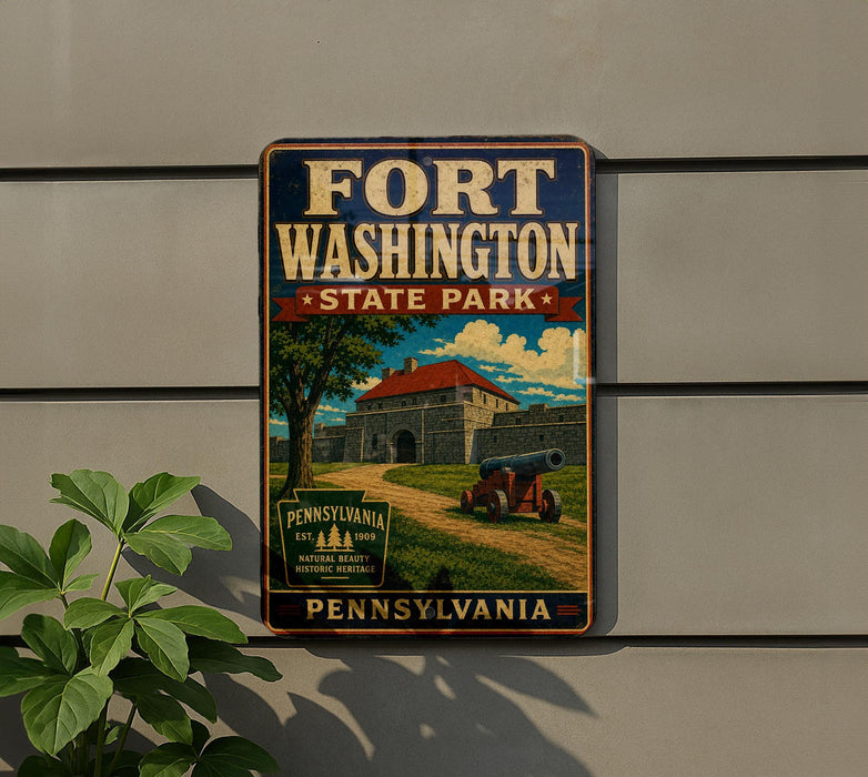 A vintage-style metal sign for Fort Washington State Park in Pennsylvania, featuring a castle and a cannon, mounted on a wall.