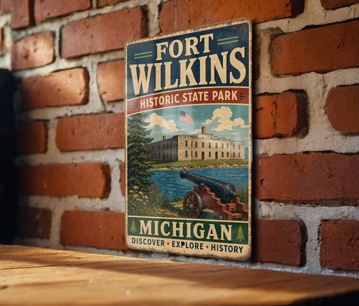 A vintage-style metal sign for Fort Wilkins Historic State Park in Michigan, featuring an illustration of a cannon and a building, mounted on a brick wall.