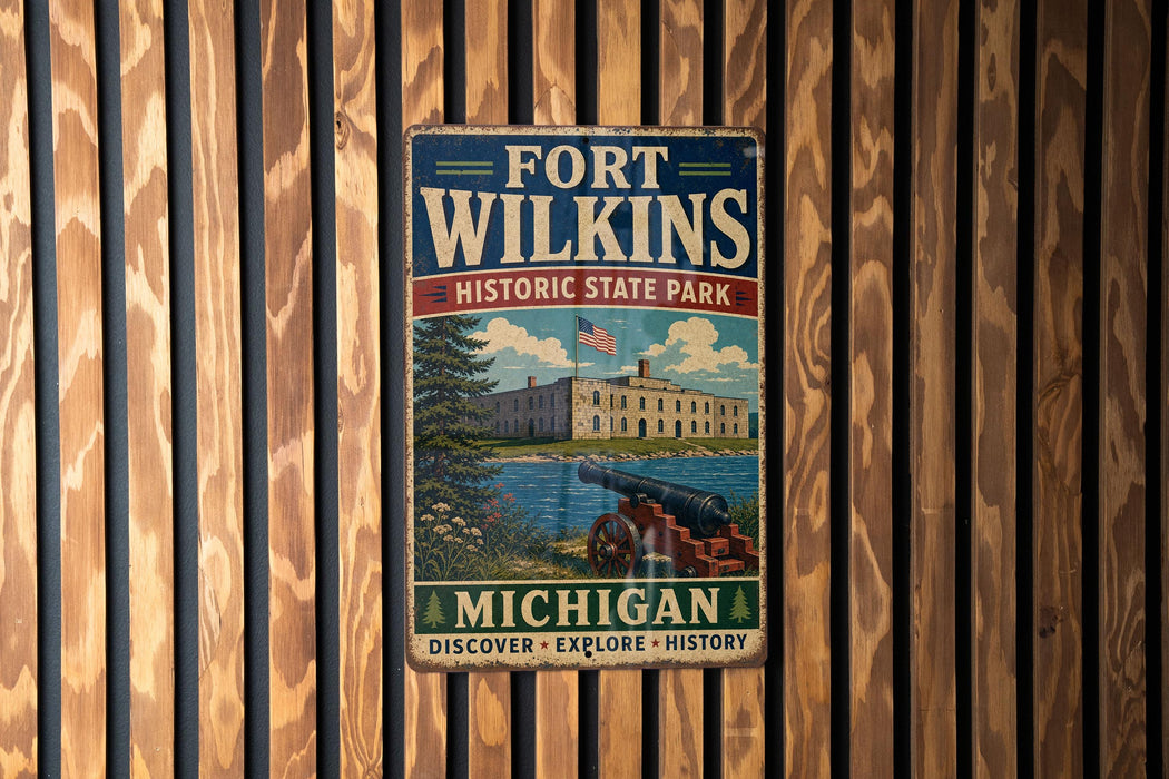 A vintage metal sign for Fort Wilkins Historic State Park in Michigan, featuring an illustration of a cannon and a building, mounted on a wooden wall.