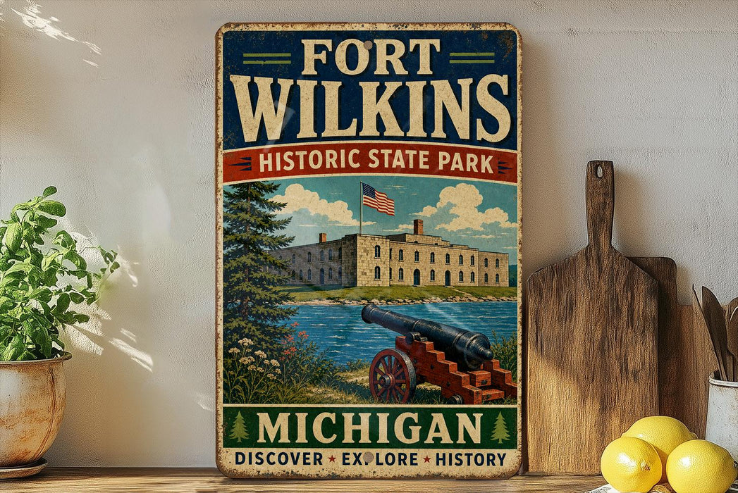 A vintage-style sign for Fort Wilkins Historic State Park in Michigan, featuring an illustration of a cannon and a building, with the text "Fort Wilkins" and "Michigan" prominently displayed.