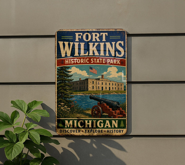 A vintage-style sign for Fort Wilkins Historic State Park in Michigan, featuring an illustration of a cannon and a building.