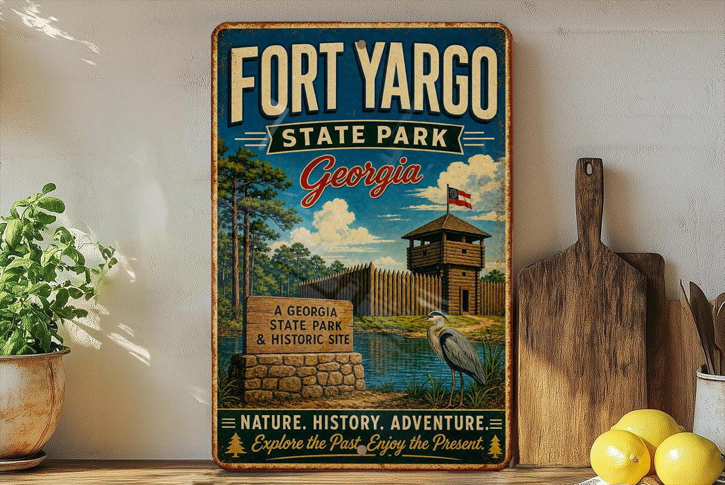 A vintage-style sign for Fort Yargo State Park in Georgia, featuring a scenic illustration of the park's natural and historic attractions.