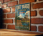 A vintage-style metal sign for Fort Yargo State Park in Georgia, featuring a scenic illustration of the park's landscape and a lighthouse.
