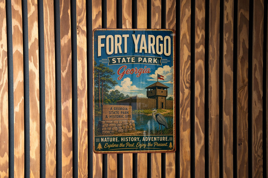 A vintage-style metal sign for Fort Yargo State Park in Georgia, featuring a scenic illustration of the park's natural and historical attractions.